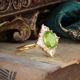 3CT Oval Cut Peridot Halo Engagement Ring for Women